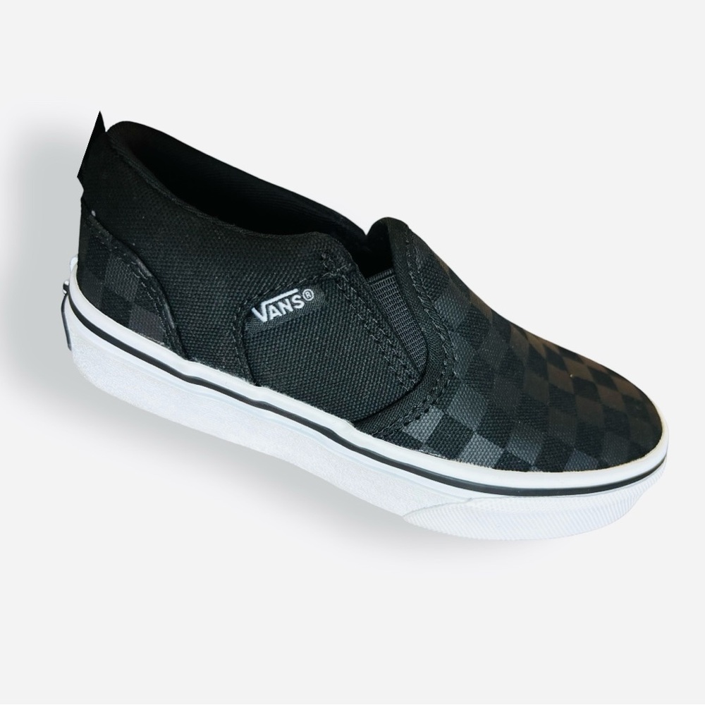 Vans | Asher | Kids Black x Black Check Slip-On Sneakers